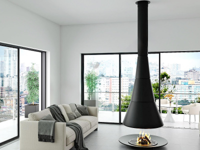 Печь Virtu Центральный Cone HD, подвесной и закрытая топка с автоматическим открыванием одной дверки с пульта ДУ и кнопок